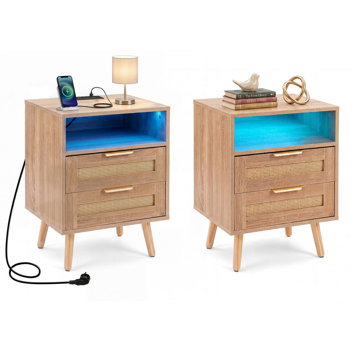 Set of 2 boho-style nightstands with charging stations and RGB LED light strips, featuring modern furniture design for bedrooms.