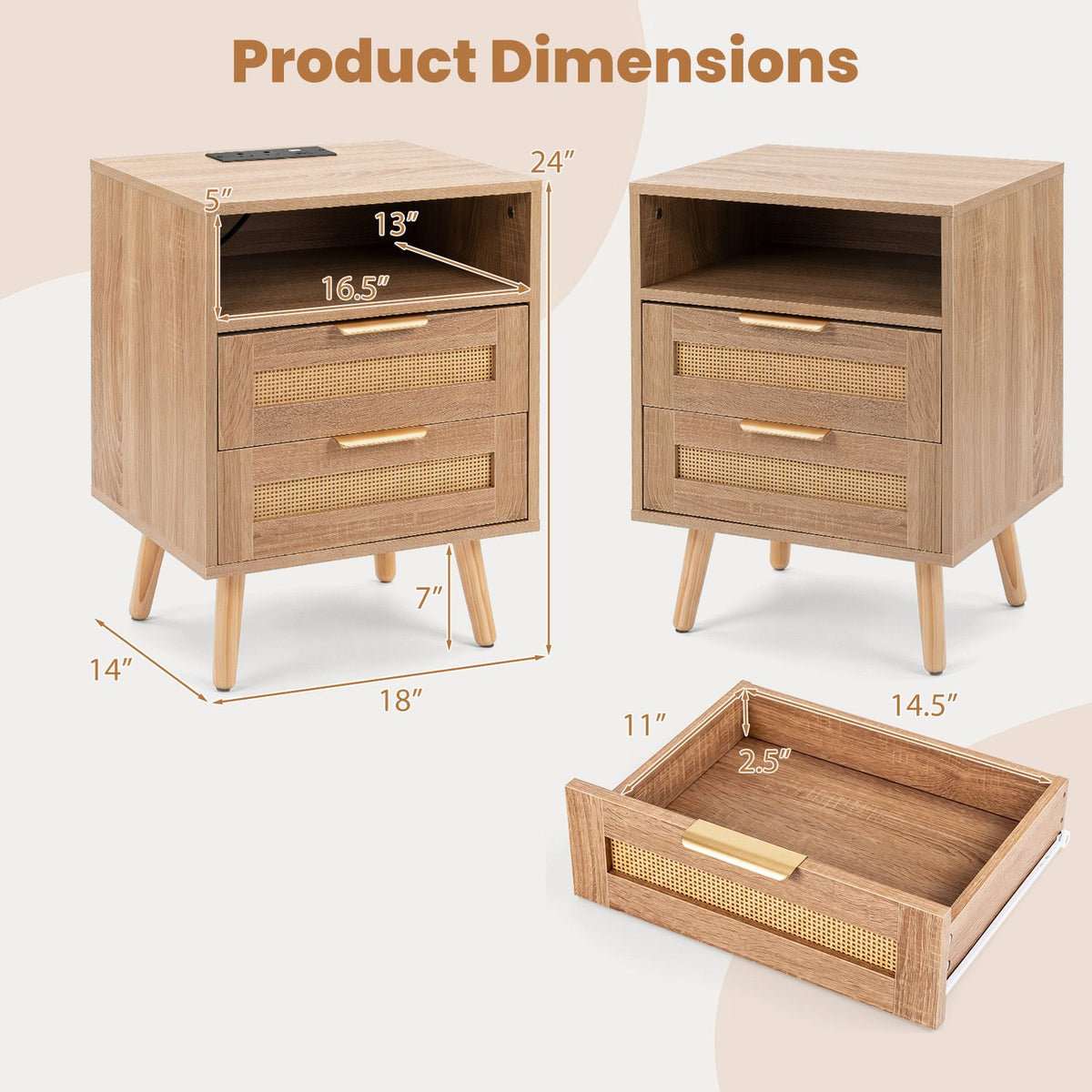 Set of two boho-style nightstands with charging stations and RGB LED light strips, modern bedroom furniture by Wilsons Home Store