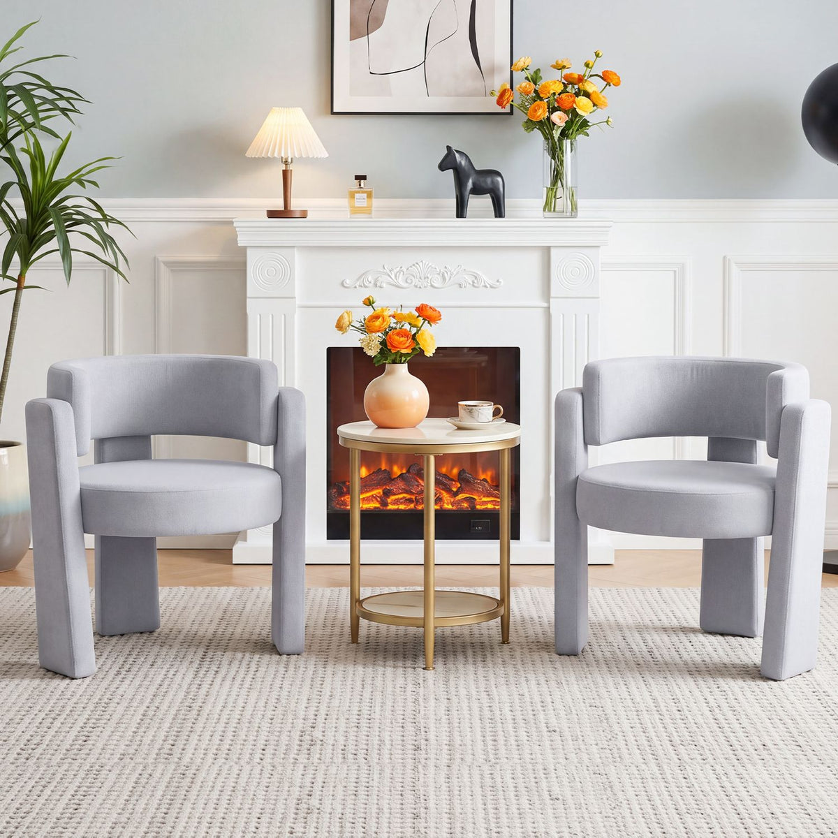 Set of 2 modern gray velvet upholstered accent armchairs with a comfy barrel design, ideal for living room decor.