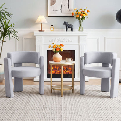 Set of 2 modern gray velvet upholstered accent armchairs with a comfy barrel design, ideal for living room decor.