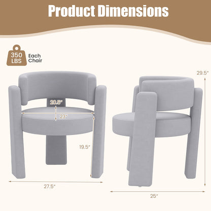 Set of 2 modern gray velvet upholstered accent armchairs with a comfy, barrel-style design for living room decor.
