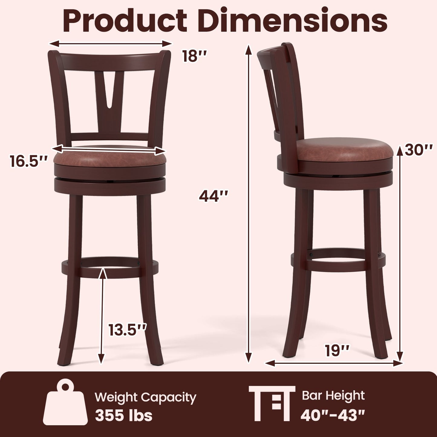 Set of 2 Counter Height Swivel Barstools with High Backs and Footrests-26 inches