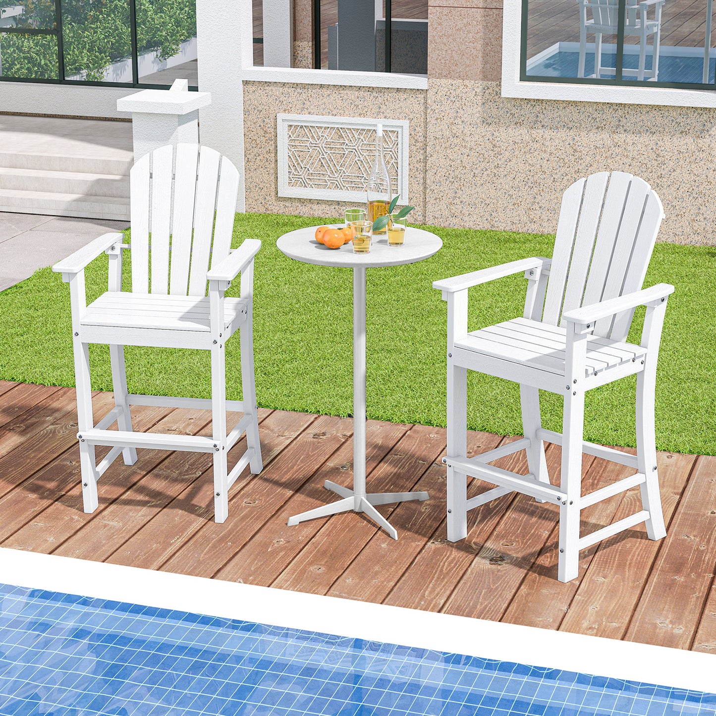 Set of 2 Counter Height Outdoor HDPE Bar Stool with Armrests and Footrest-White