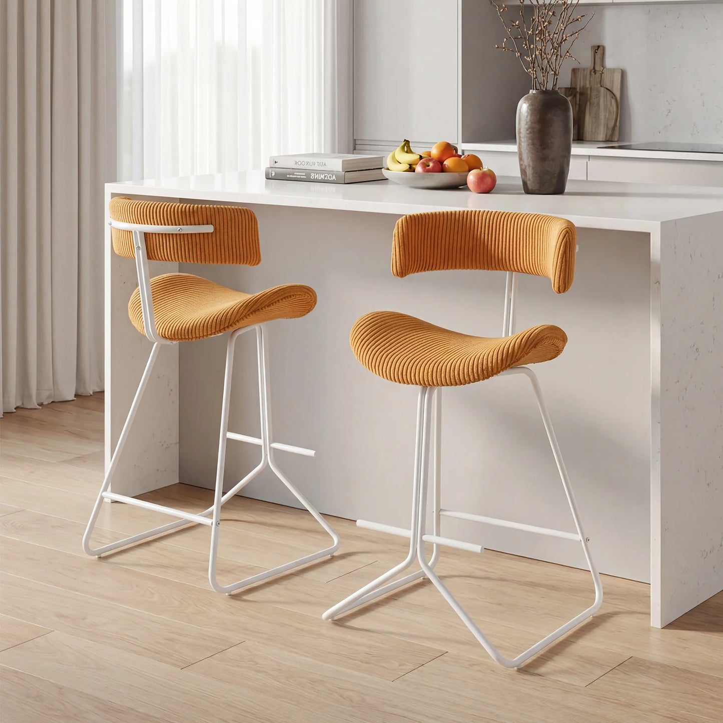 Set of 2 Counter Height Stools 25 Inch Armless Barstools with Padded Seat and Footrest-Orange