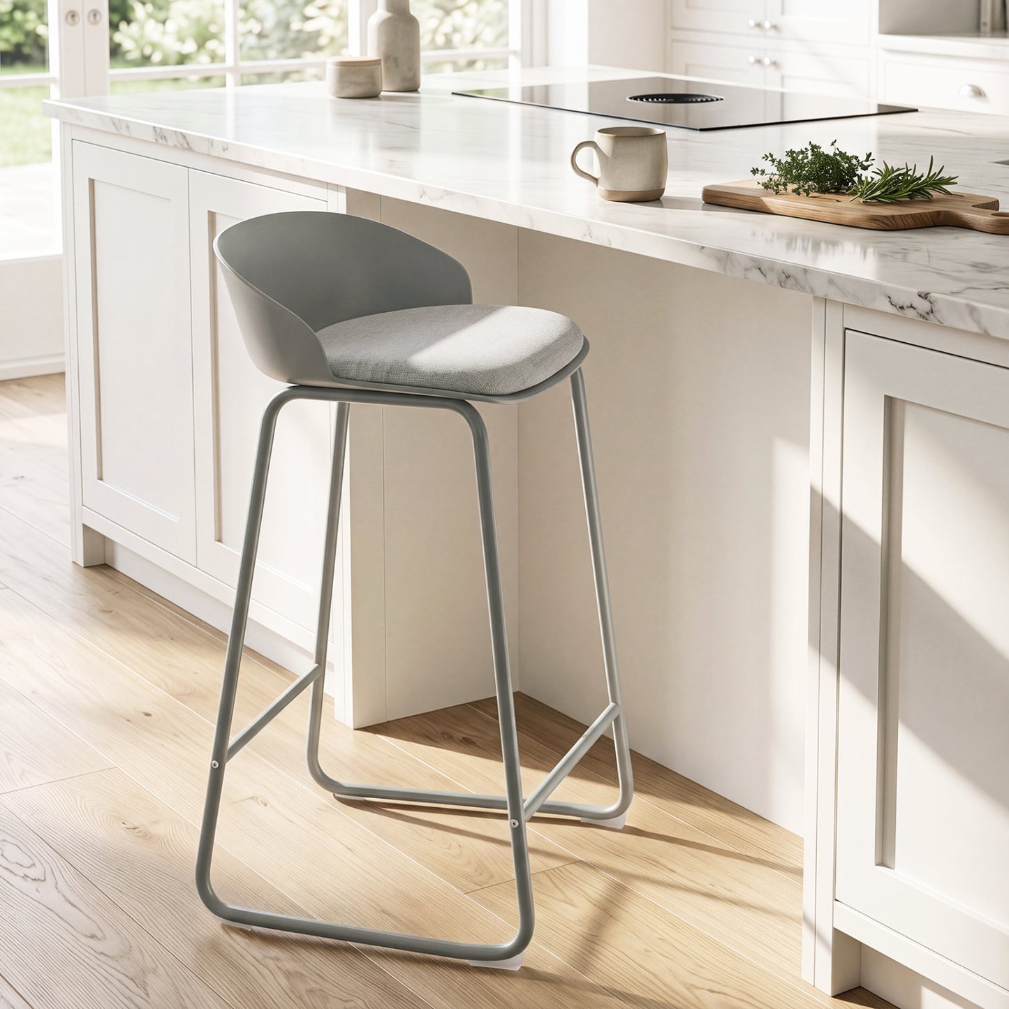 Set of 2 Counter Height Bar Stools with Curved Backrest and Metal Frame for Kitchen Dining-Gray
