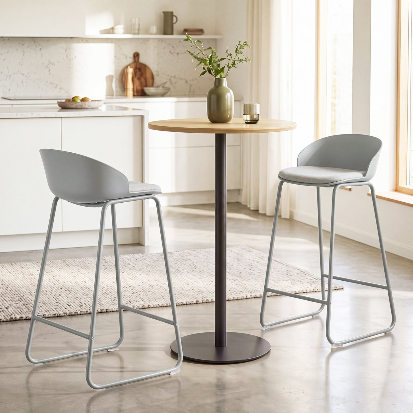 Set of 2 Counter Height Bar Stools with Curved Backrest and Metal Frame for Kitchen Dining-Gray