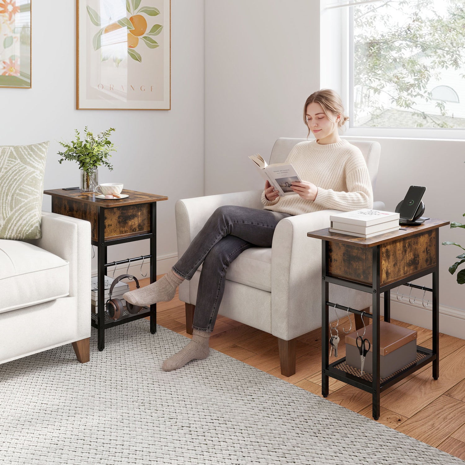 Set of 2 natural wood end tables with built-in charging stations and hidden compartments for living room storage.