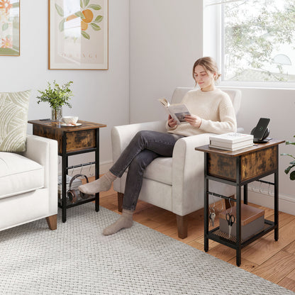 Set of 2 natural wood end tables with built-in charging stations and hidden compartments for living room storage.