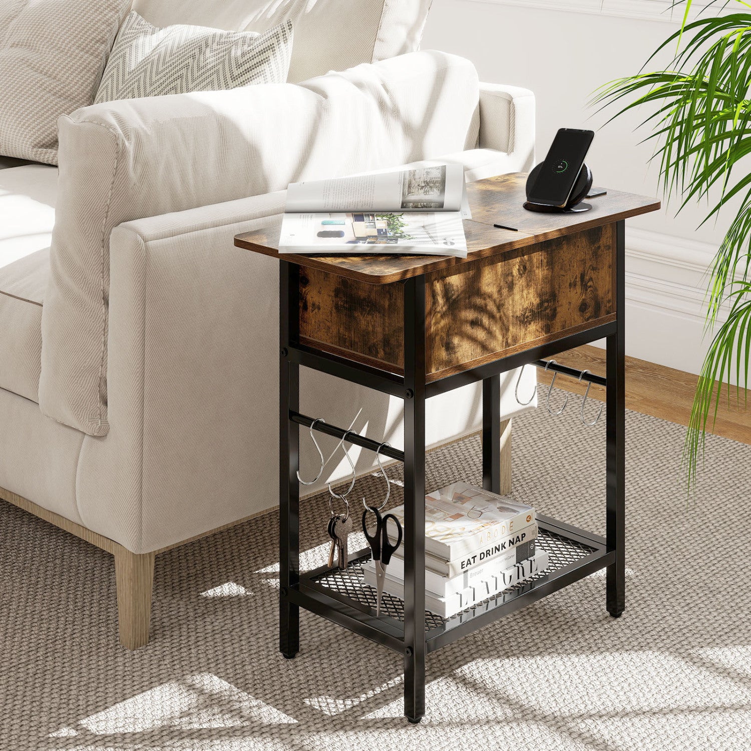 Set of 2 natural wood end tables with built-in charging stations and hidden compartments, perfect for living room furniture.