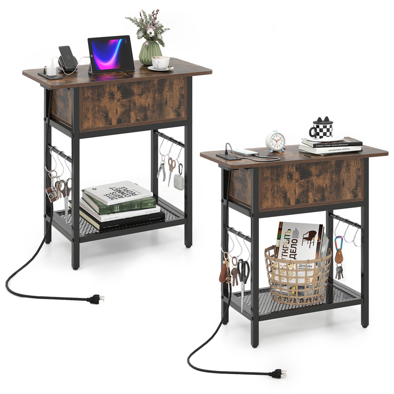 Set of 2 natural wood end tables with built-in charging stations and hidden compartments for living room storage.