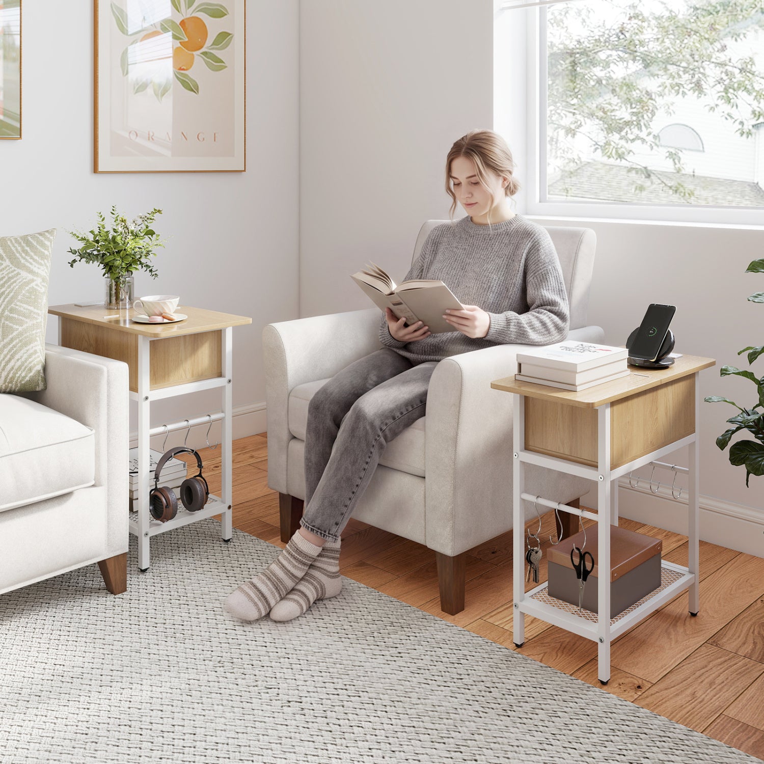Set of 2 natural wood end tables with built-in charging stations and hidden compartments for living room use.
