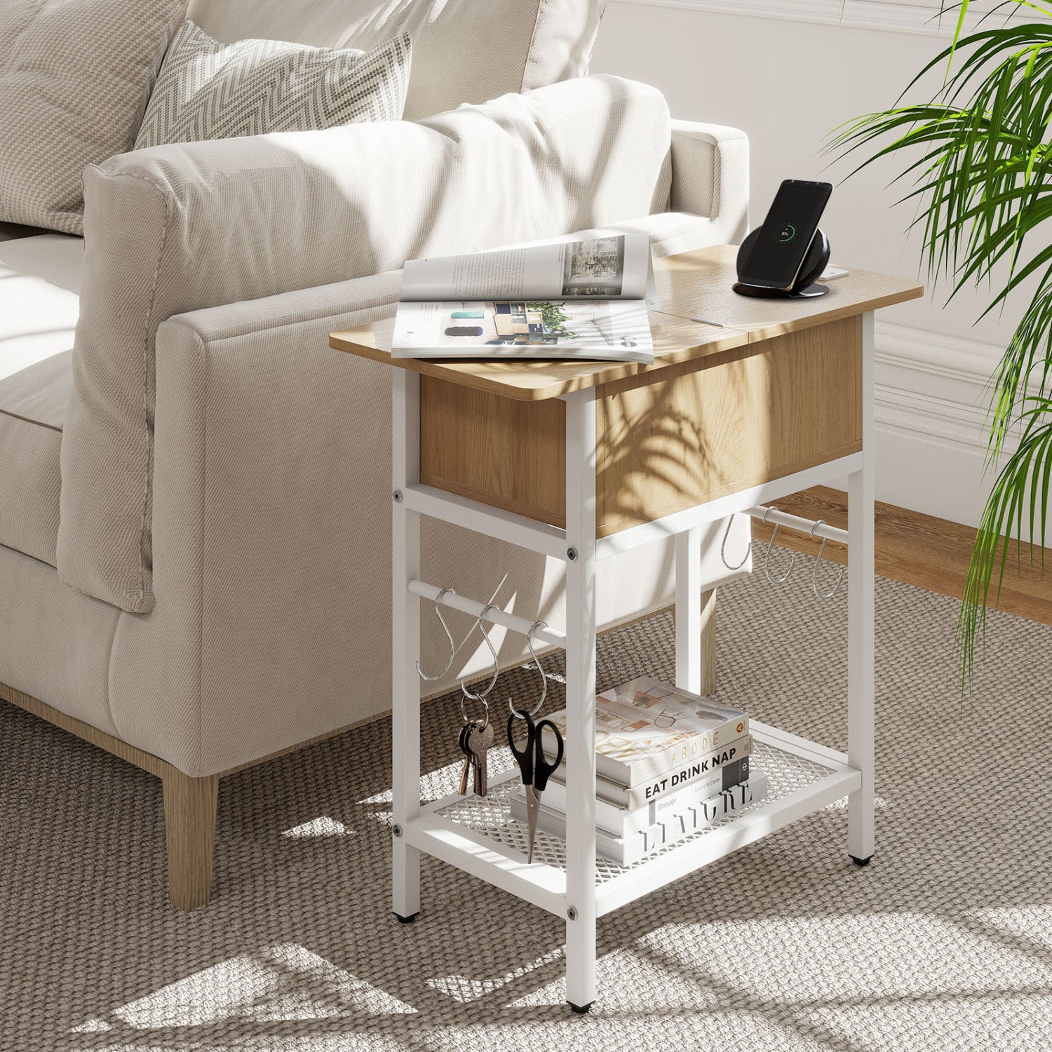 Set of 2 natural wood end tables with built-in charging stations and hidden compartments for living room storage.