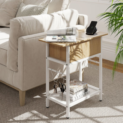 Set of 2 natural wood end tables with built-in charging stations and hidden compartments for living room storage.