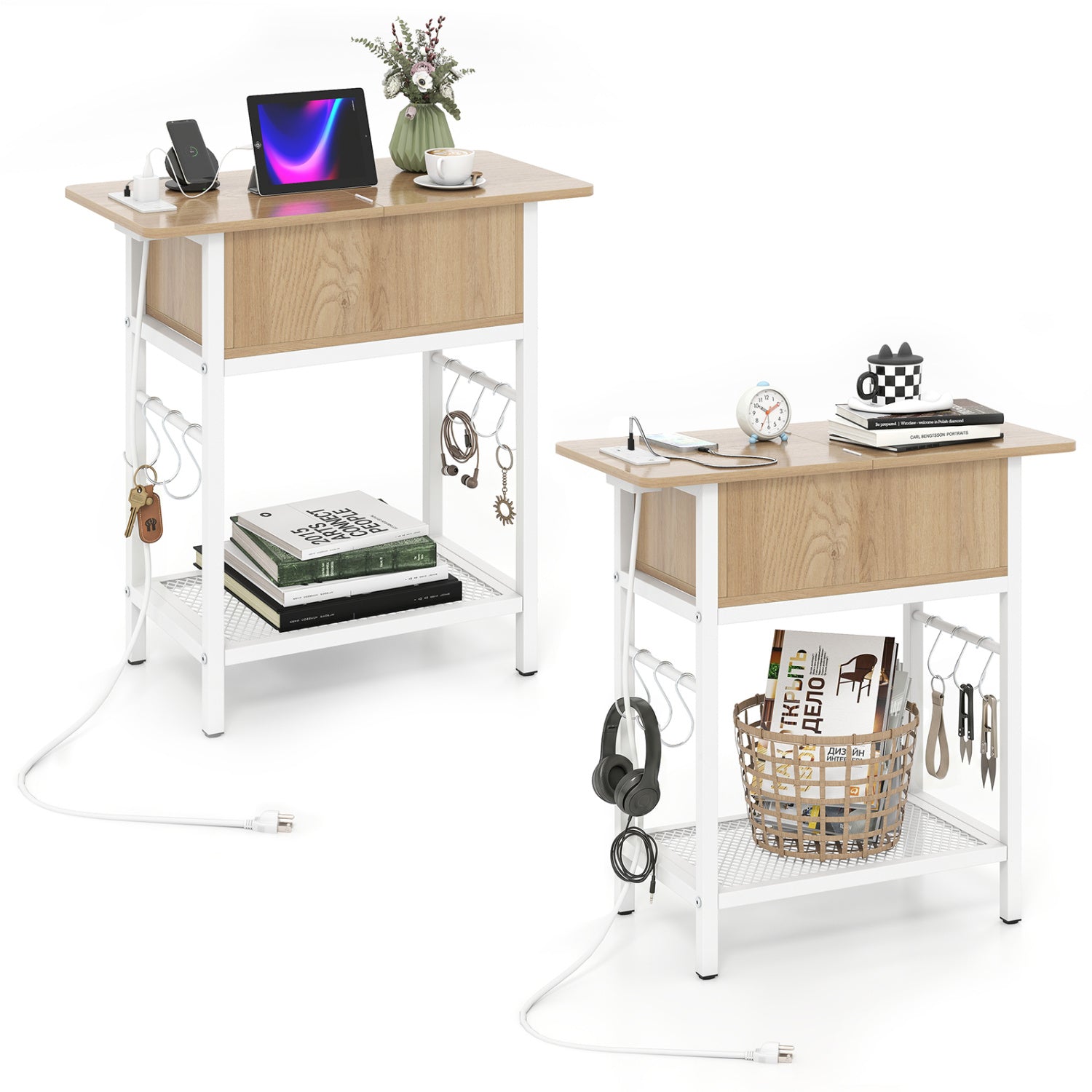 Set of 2 natural wood end tables with charging stations and hidden compartments, perfect for living room decor.