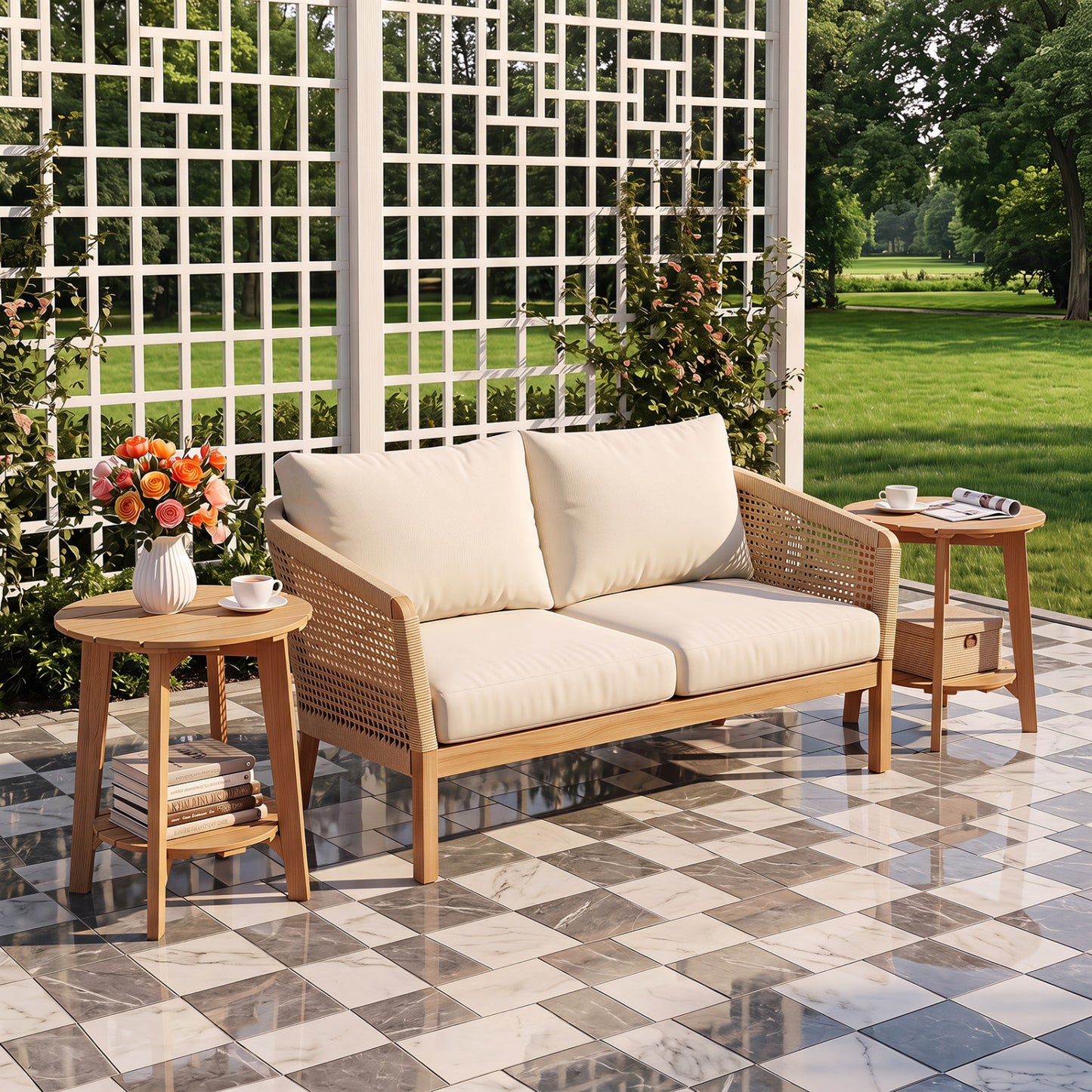 Set of 2 Eucalyptus Wood Side Table 2-Tier with Slatted Tabletop and Storage Shelf for Outdoor-Natural