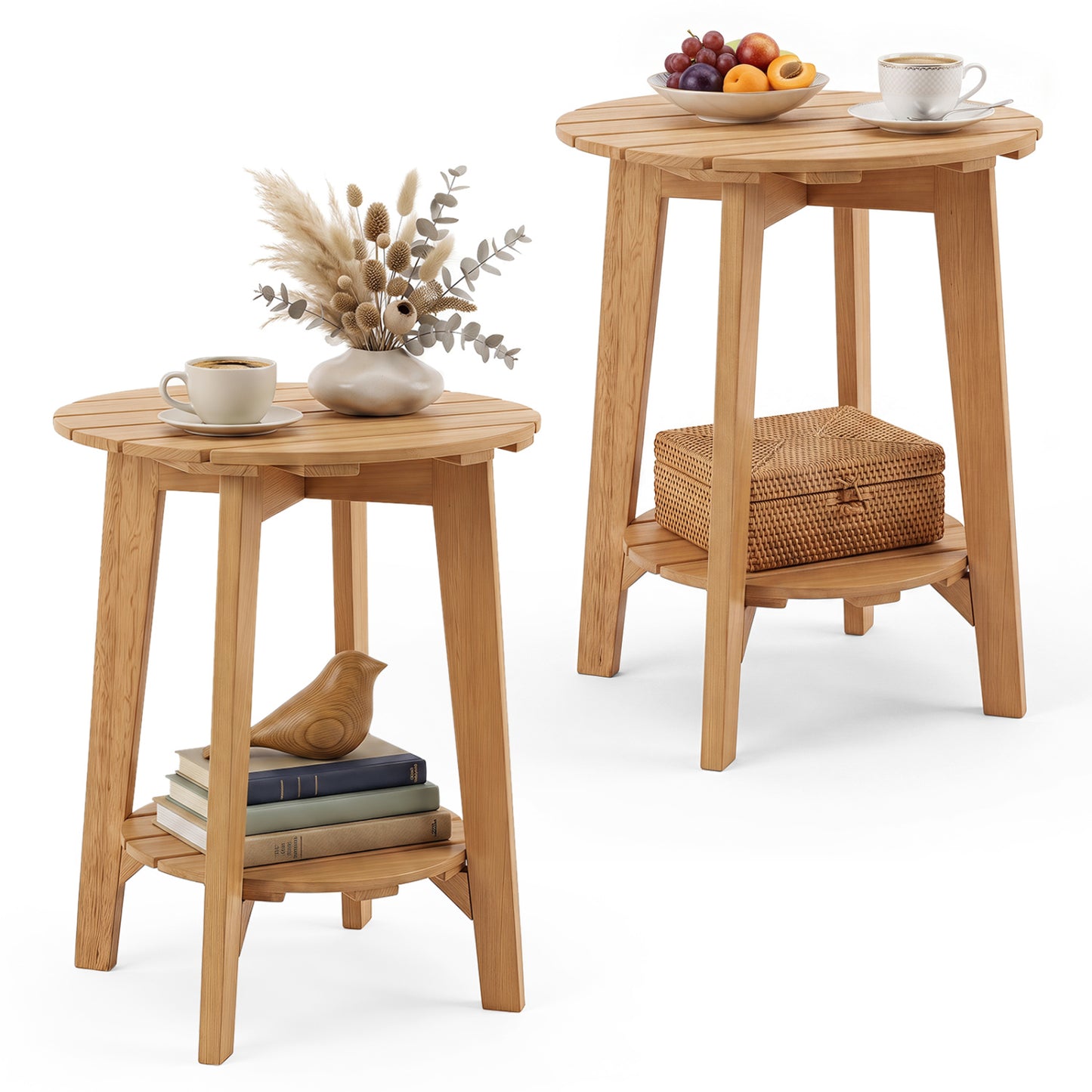 Set of 2 Eucalyptus Wood Side Table 2-Tier with Slatted Tabletop and Storage Shelf for Outdoor-Natural