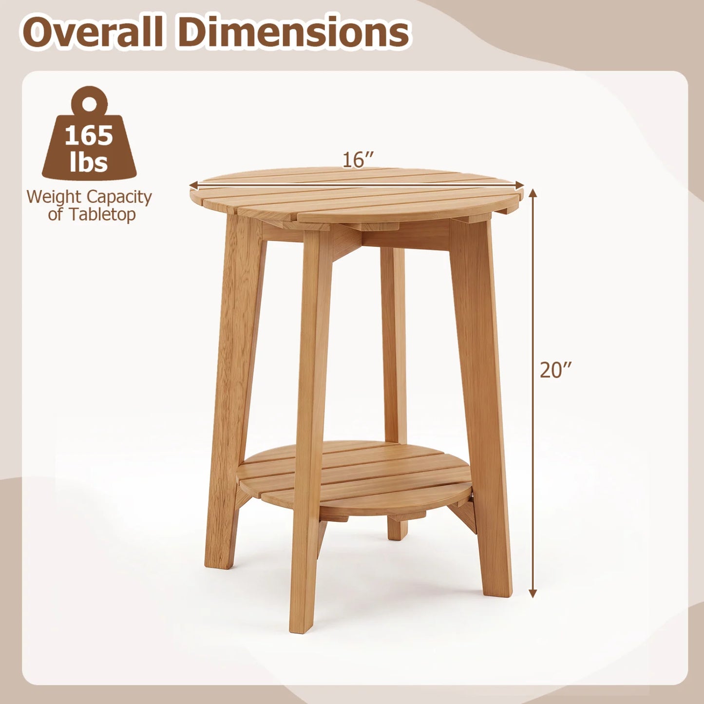 Set of 2 Eucalyptus Wood Side Table 2-Tier with Slatted Tabletop and Storage Shelf for Outdoor-Natural