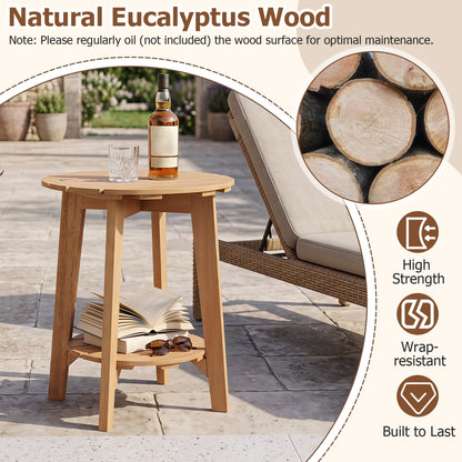 Set of 2 Eucalyptus Wood Side Table 2-Tier with Slatted Tabletop and Storage Shelf for Outdoor-Natural