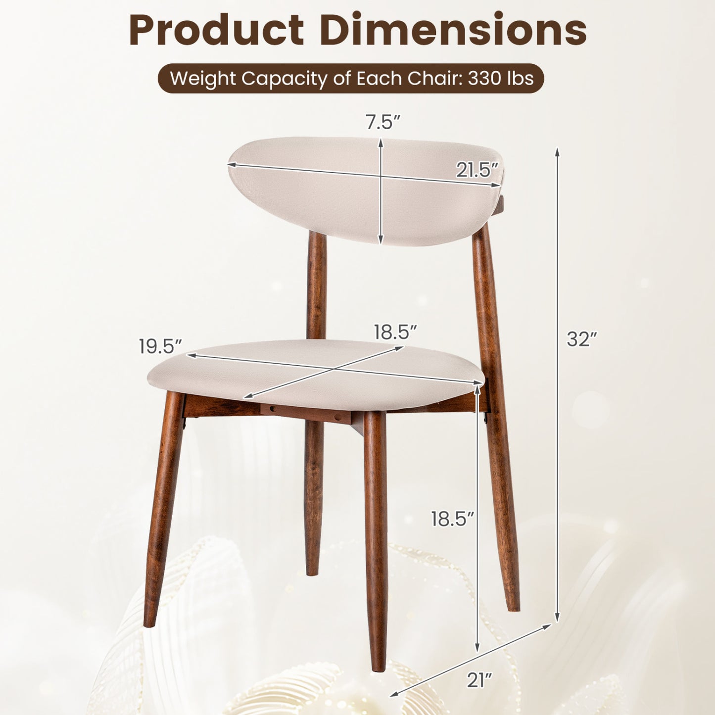Set of 2 beige fabric upholstered dining chairs with curved backs, designed for kitchen and dining room furniture.