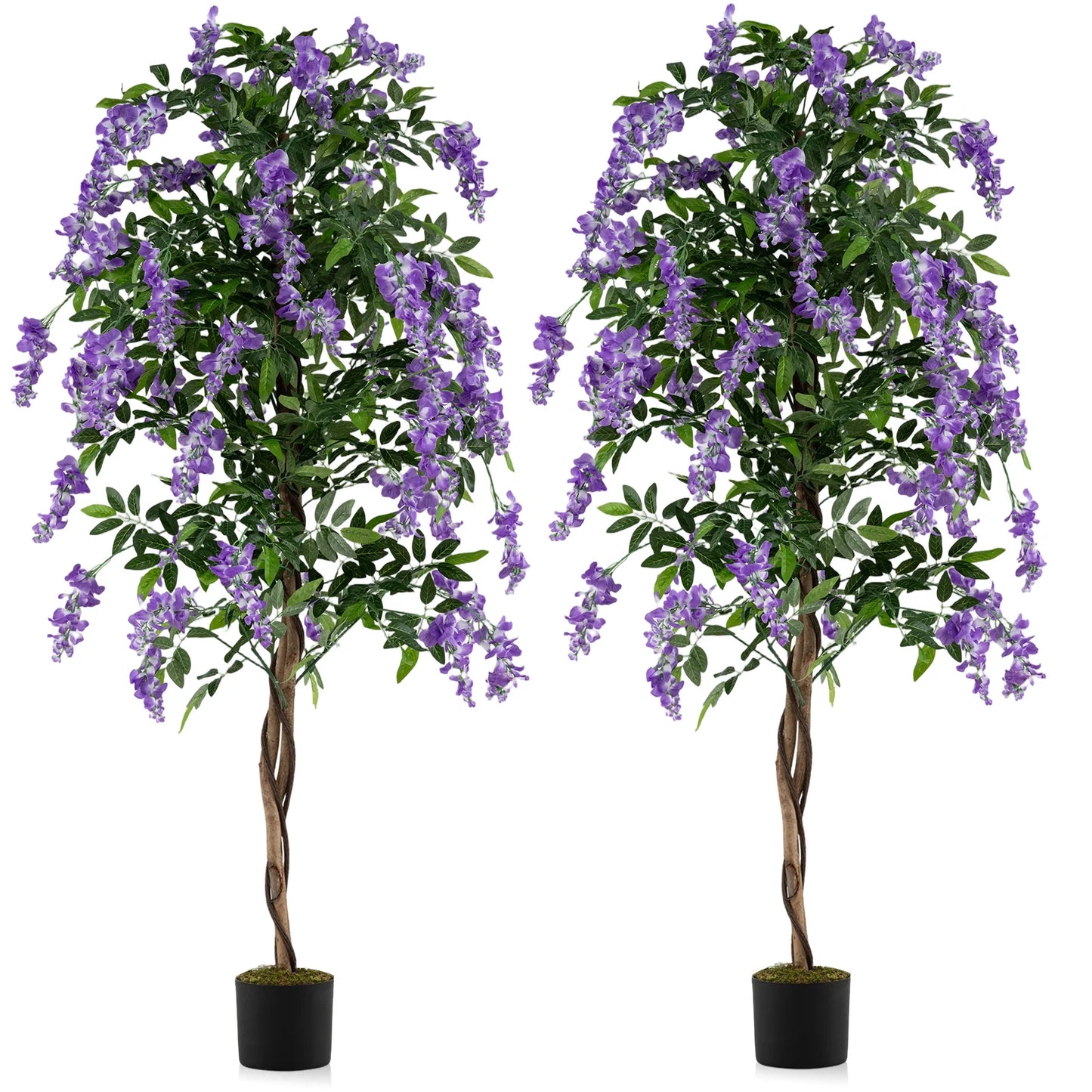 Fake Ficus Plant 6 FT Artificial Wisteria Tree with Natural Trunks and Purple Lifelike Flowers
