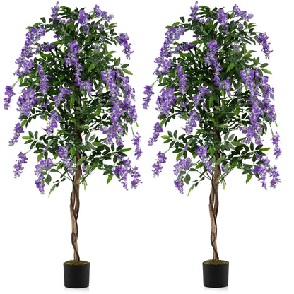 Fake Ficus Plant 6 FT Artificial Wisteria Tree with Natural Trunks and Purple Lifelike Flowers