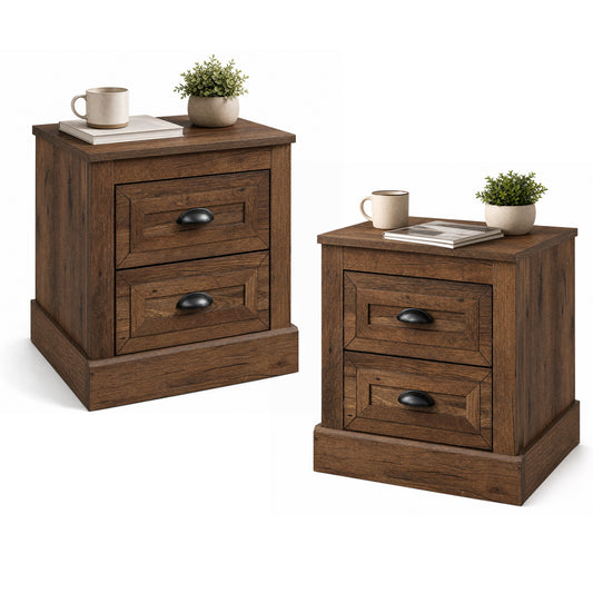 Set of 2 brown farmhouse nightstands with 2 drawers and storage, ideal for bedroom or living room furniture.