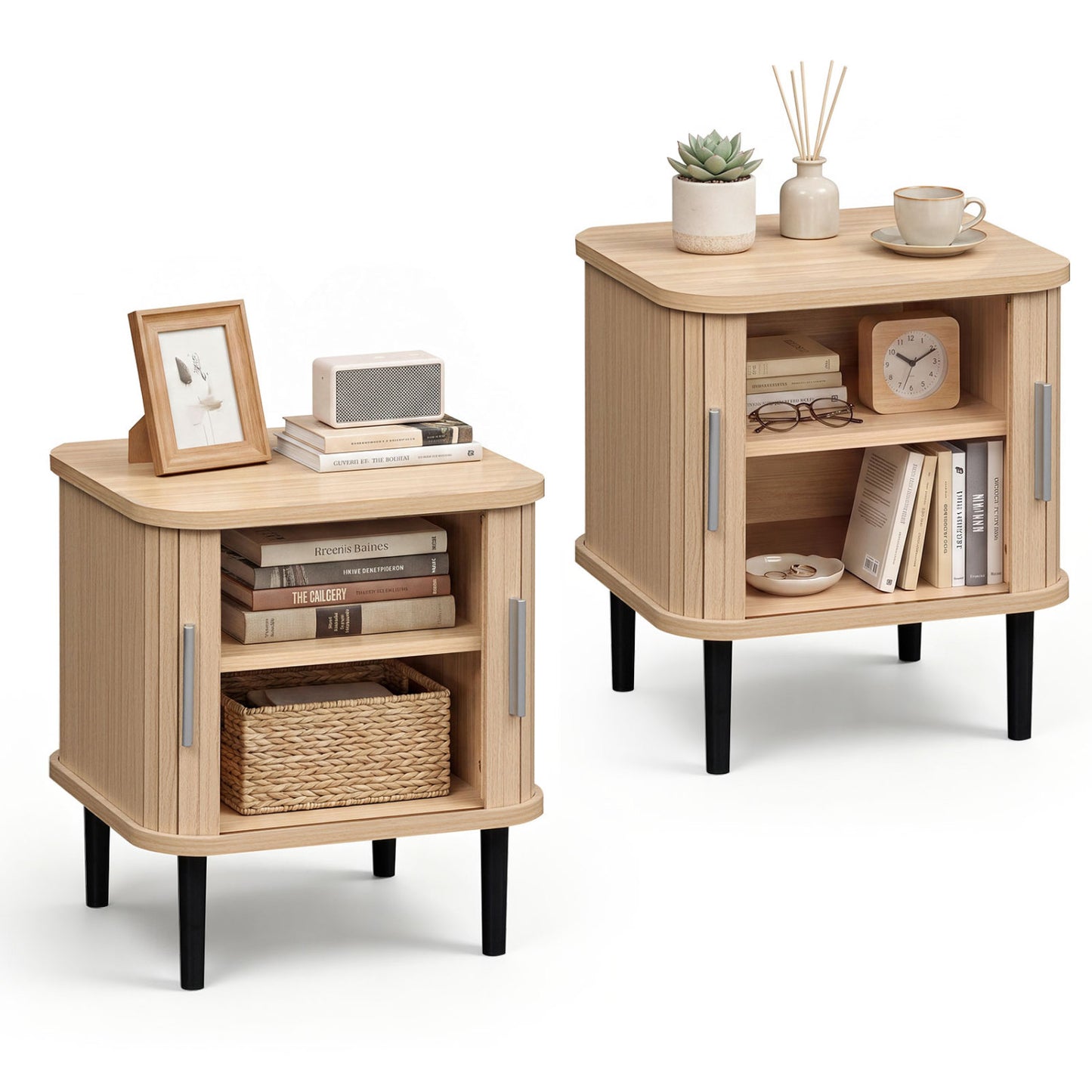 Set of 2 Fluted Nightstand with Sliding Doors and Adjustable Shelf for Small Spaces-Natural