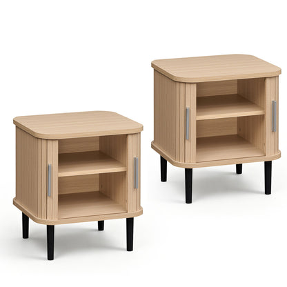 Set of 2 Fluted Nightstand with Sliding Doors and Adjustable Shelf for Small Spaces-Natural