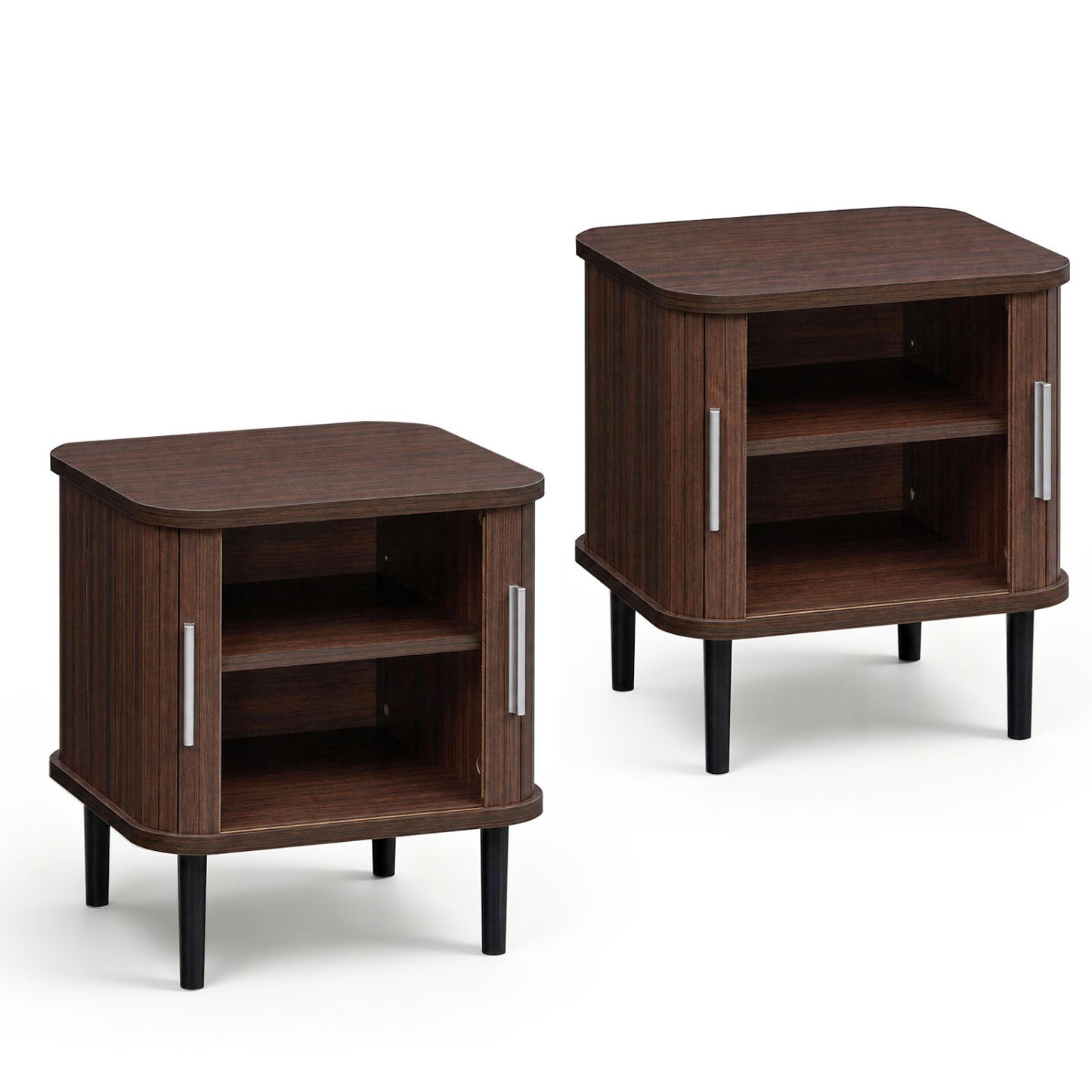Set of 2 Fluted Nightstand with Sliding Doors and Adjustable Shelf for Small Spaces-Natural
