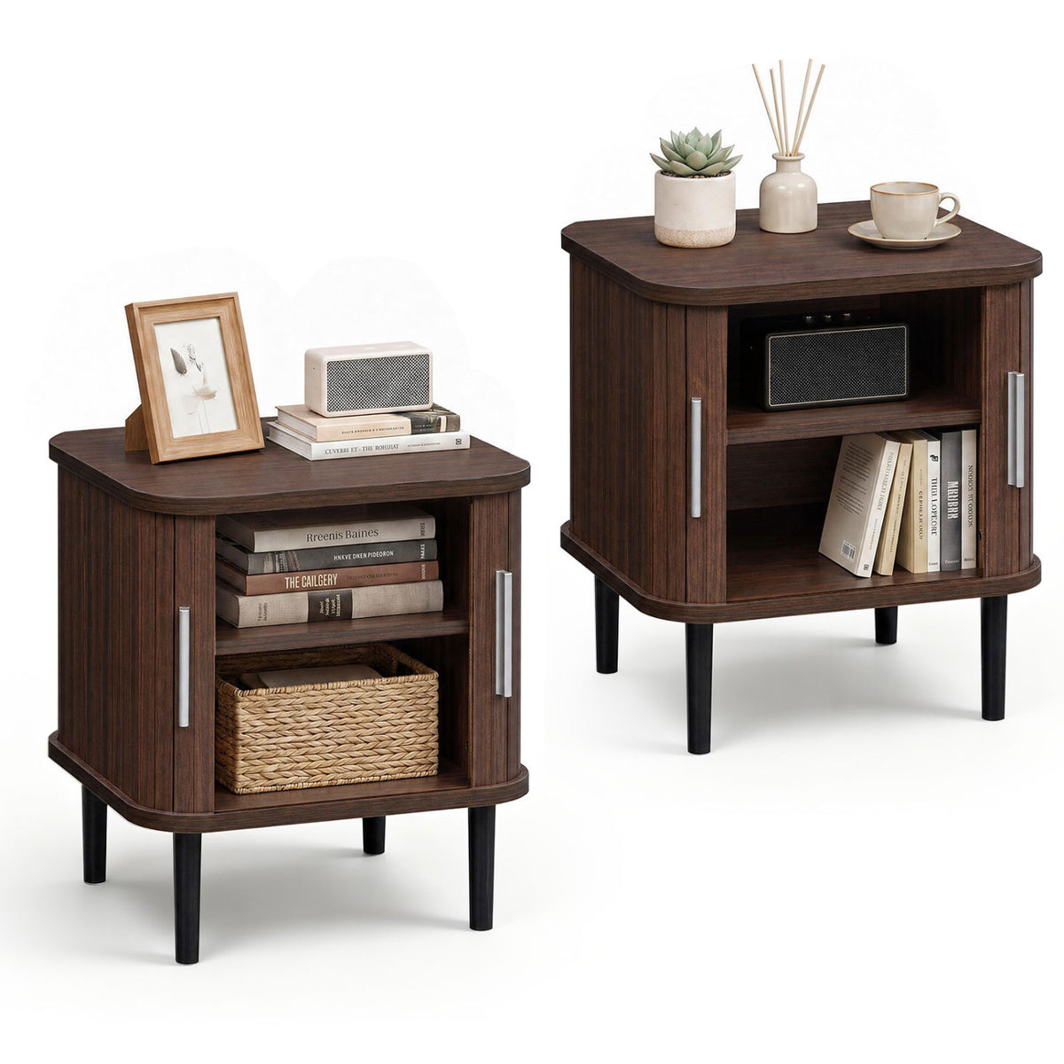 Set of 2 Fluted Nightstand with Sliding Doors and Adjustable Shelf for Small Spaces-Natural