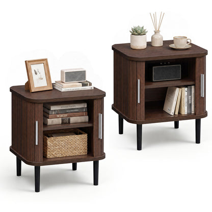 Set of 2 Fluted Nightstand with Sliding Doors and Adjustable Shelf for Small Spaces-Natural