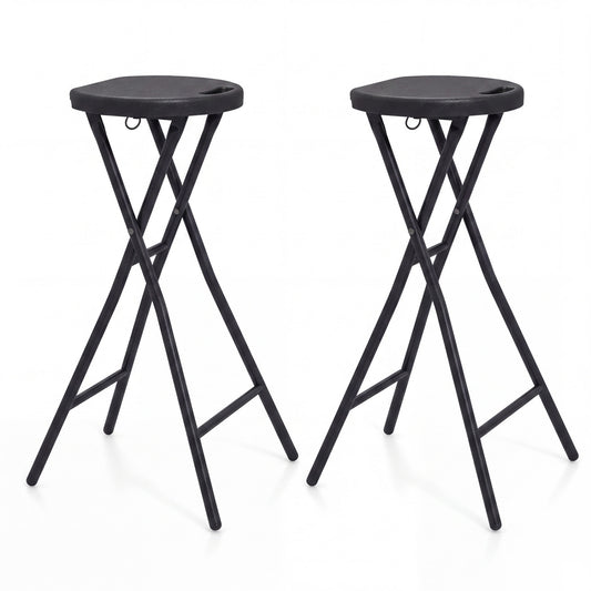 Set of 2 black folding bar stools with HDPE seats and carry handles, 27.5-inch height, ideal for kitchen or dining bar areas.
