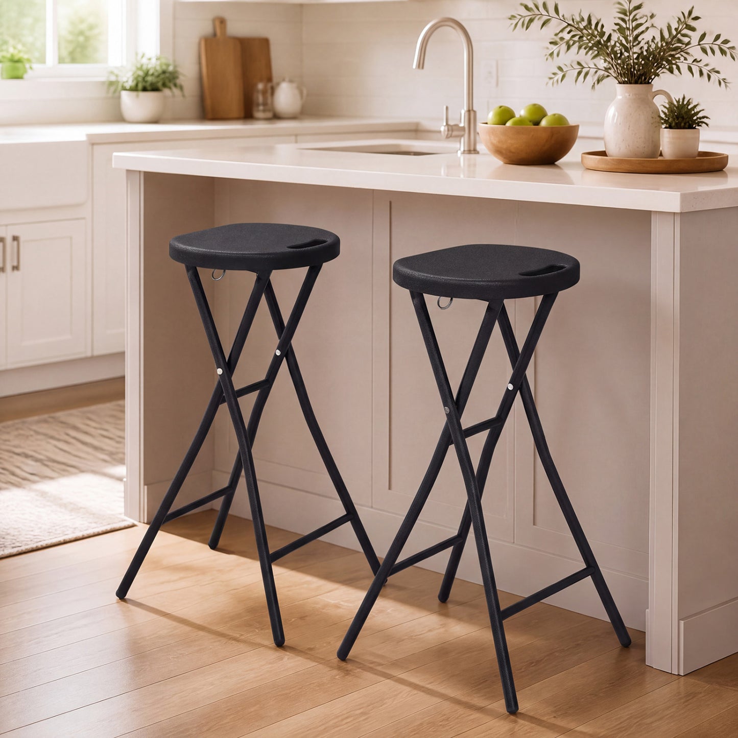 Set of 2 Folding Bar Stool 27.5" with HDPE Seat & Carry Handle for Kitchen Bar-Black