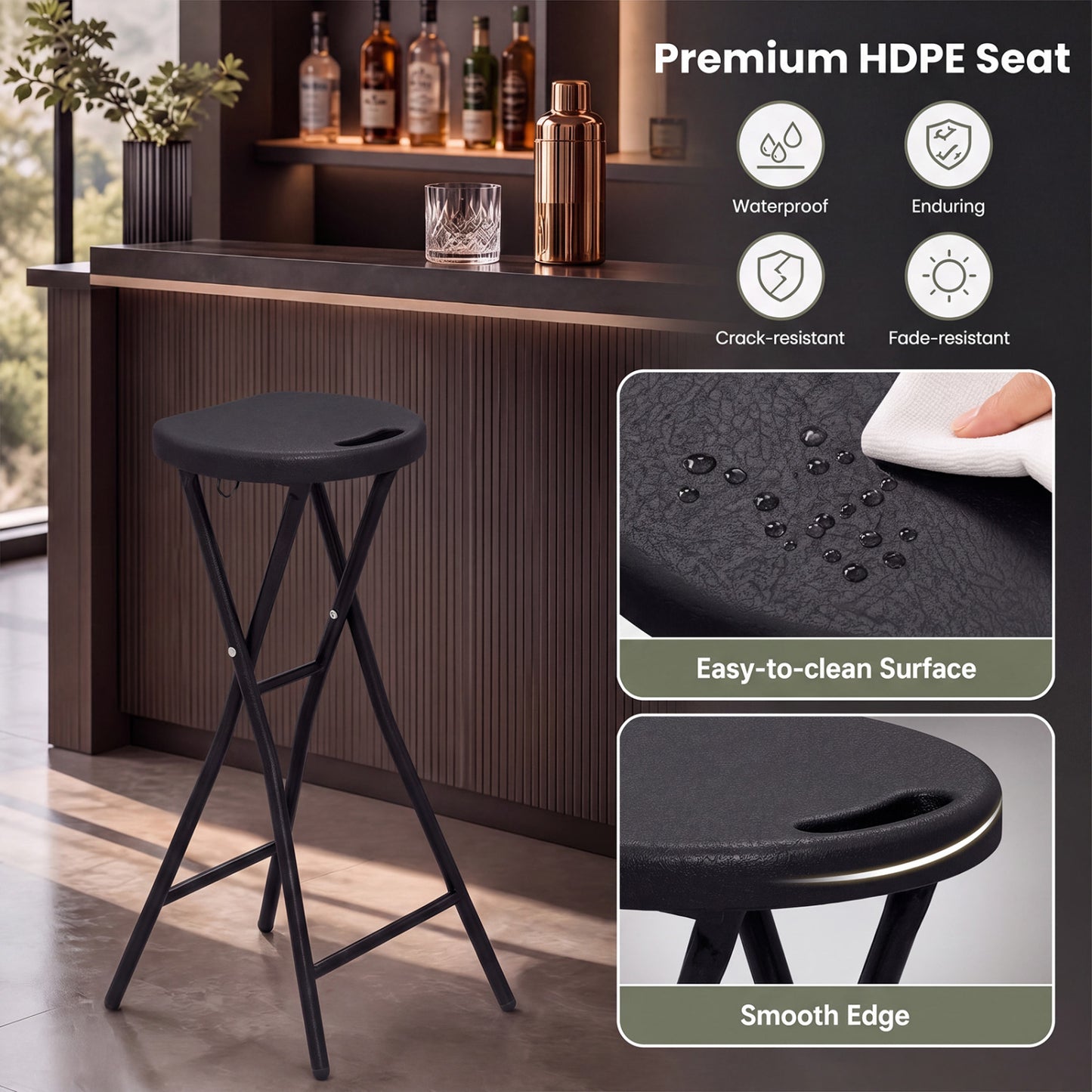 Set of 2 Folding Bar Stool 27.5" with HDPE Seat & Carry Handle for Kitchen Bar-Black