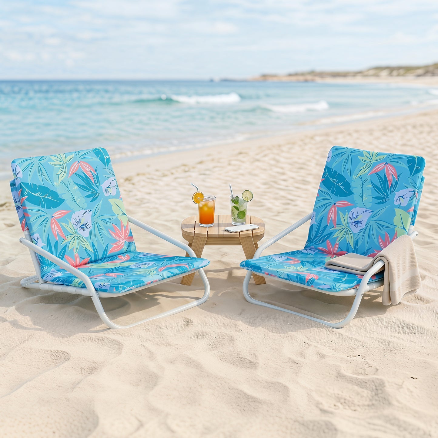 Set of 2 Wilsons Home Store folding beach chairs with sponge padded seats for outdoor, camping, and patio use.