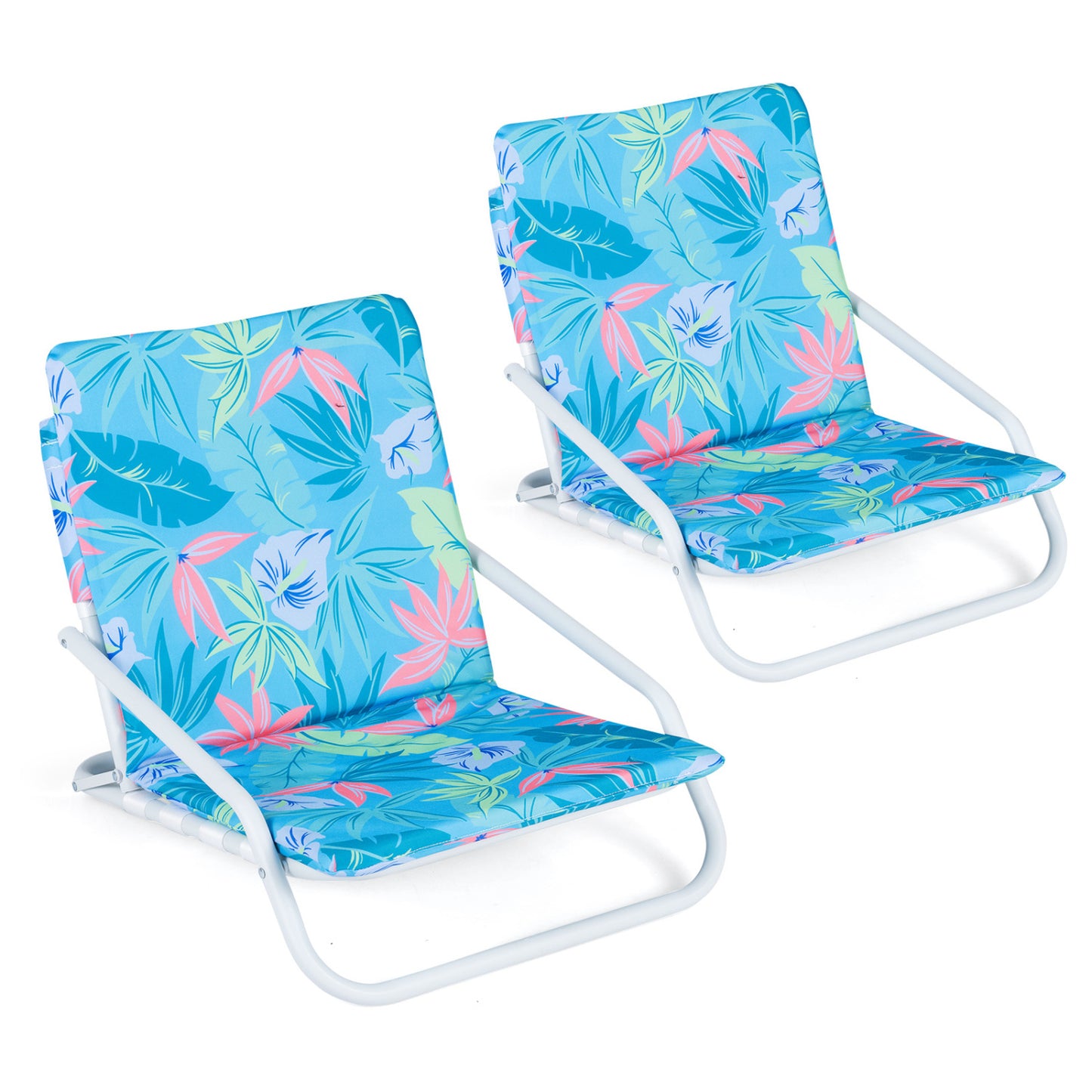 Set of 2 folding beach chairs with sponge padded seats in bright colors, ideal for outdoor camping and patio relaxation.