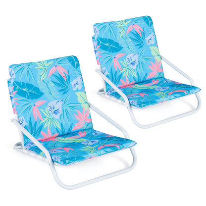 Set of 2 folding beach chairs with sponge padded seats in bright colors, ideal for outdoor camping and patio relaxation.