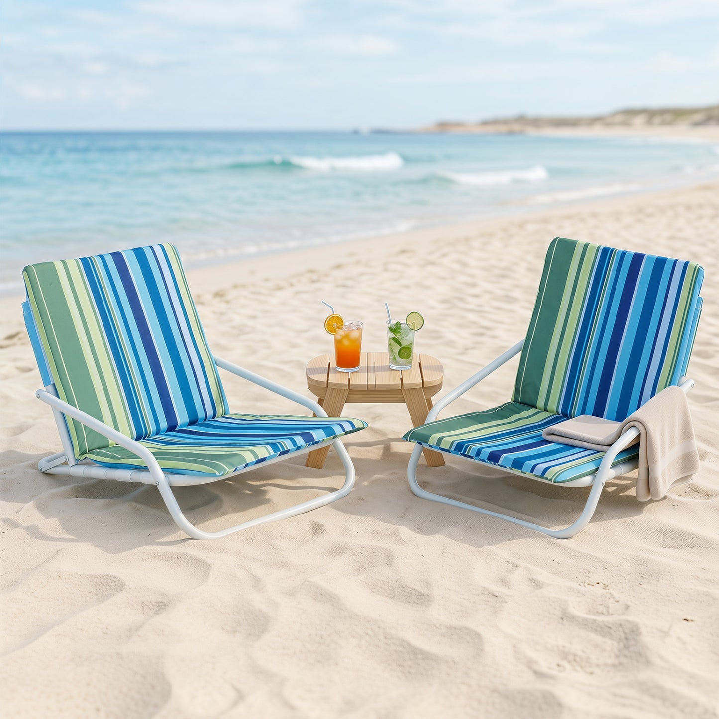 Set of 2 folding beach chairs with sponge padded seats for outdoor camping, featuring colorful outdoor patio seating.