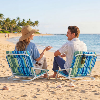 Set of 2 Wilsons Home Store folding beach chairs with sponge-padded seats, ideal for outdoor camping and patio lounging.