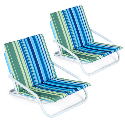 Set of 2 Wilsons Home Store folding beach chairs with sponge padded seats for outdoor camping and patio relaxation.