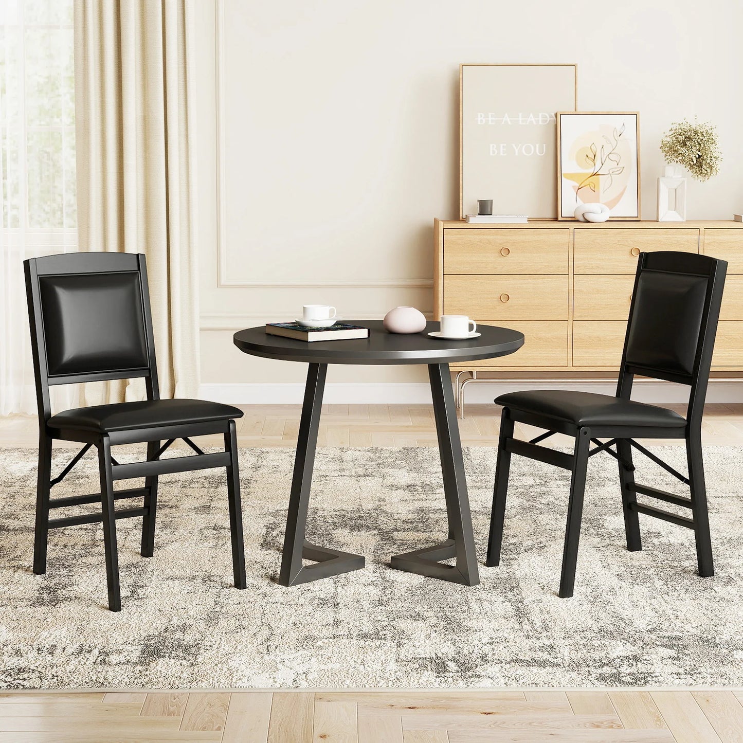 Set of 2 Folding Dining Chairs with Padded Seat and High Backrest-Black