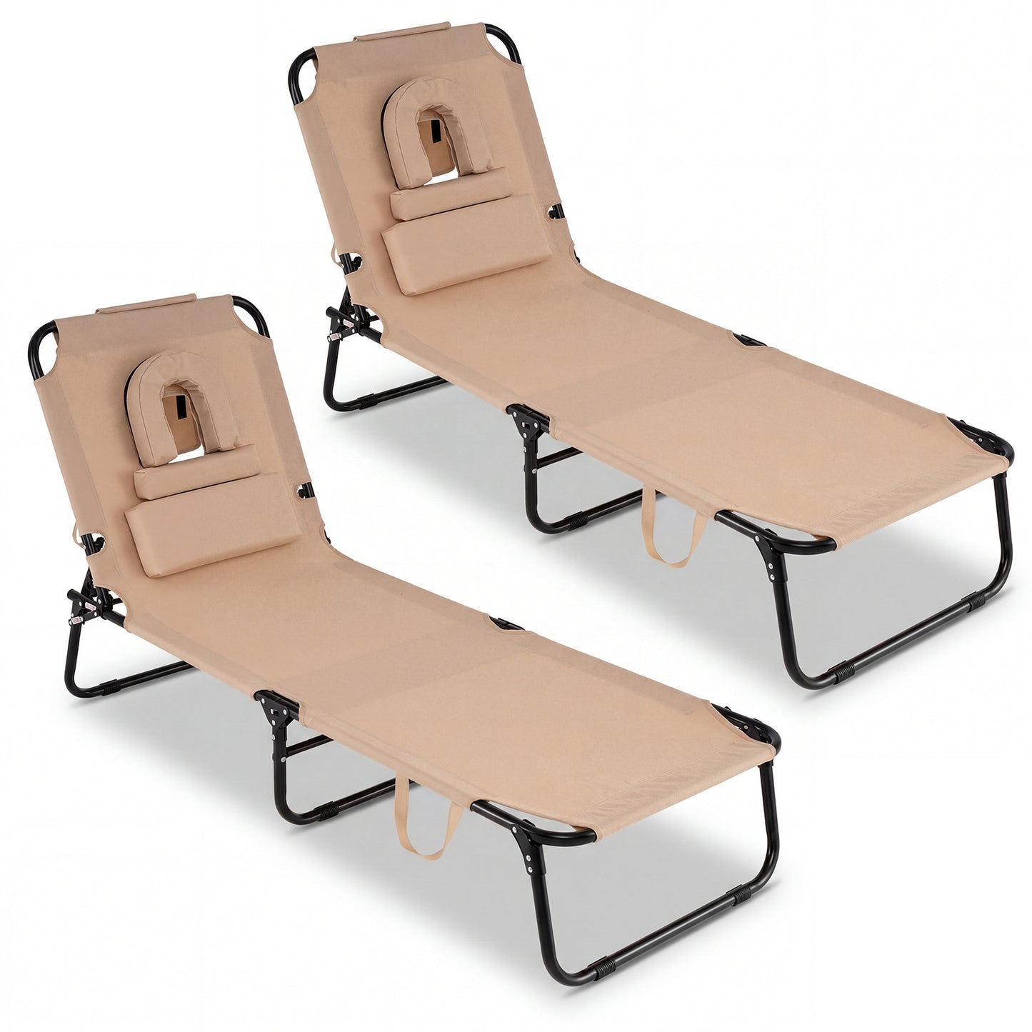 Set of 2 Folding Face Down Tanning Chair with Face Hole 3 Removable Pillows-Beige