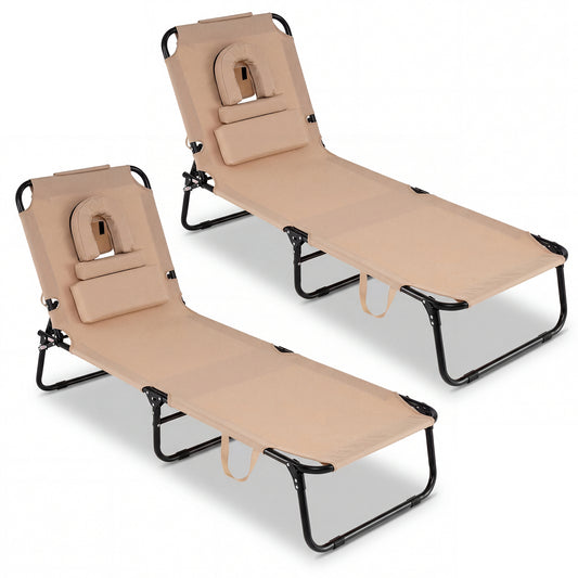 Set of 2 Folding Face Down Tanning Chair with Face Hole 3 Removable Pillows-Beige