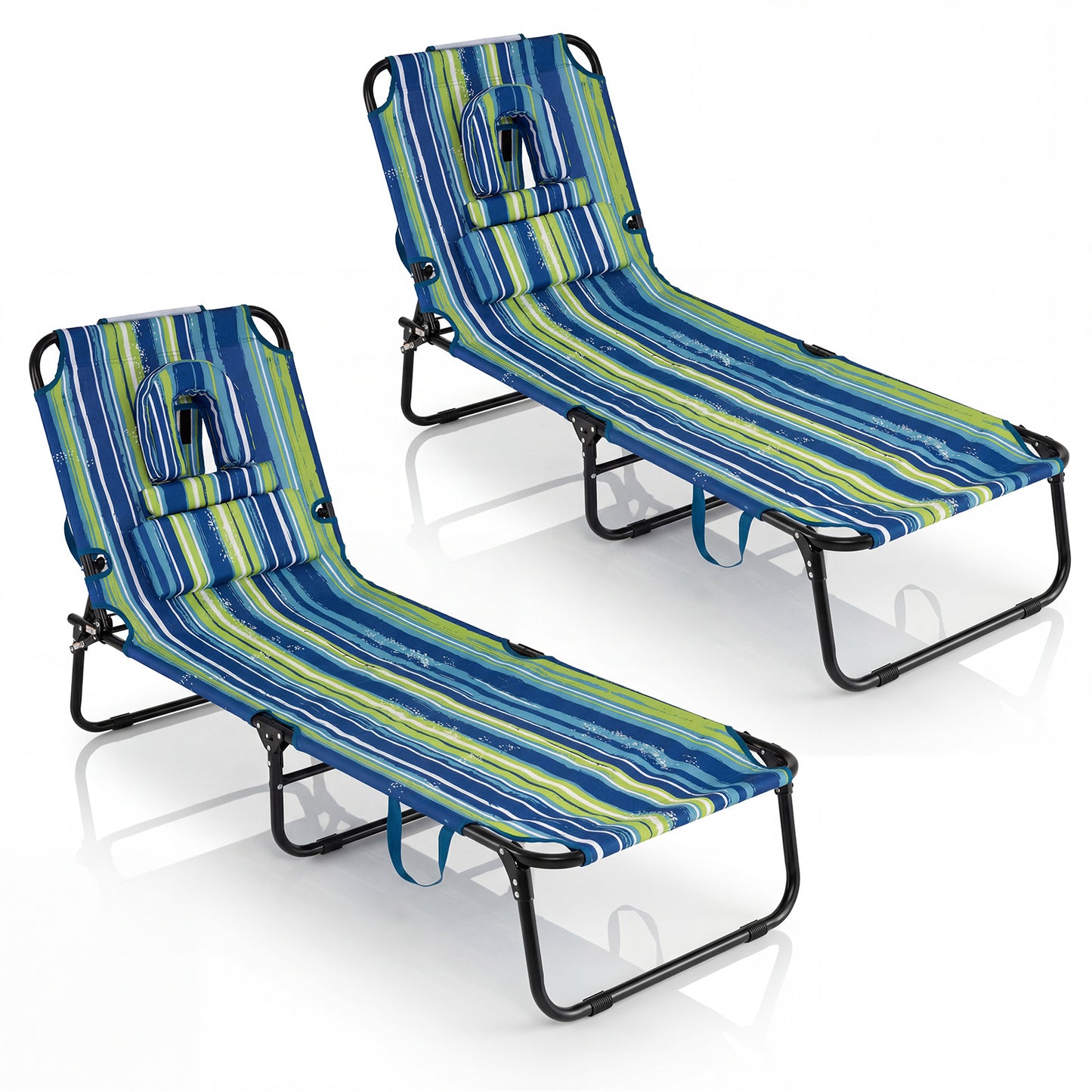 Set of 2 Folding Face Down Tanning Chair with Face Hole 3 Removable Pillows-Beige