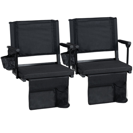 Set of 2 black folding stadium seats with cup holders and side pockets, outdoor patio chairs for lawn or beach use.