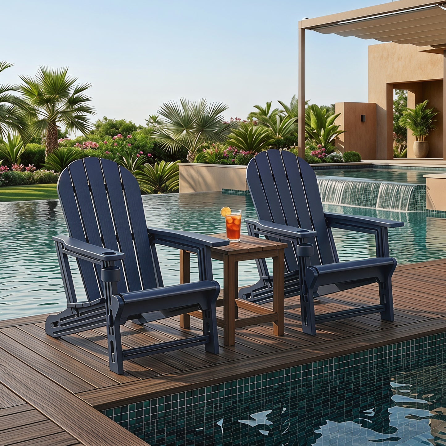 Set of 2 blue HDPE Adirondack chairs with cup holders and wooden texture for outdoor patio seating.