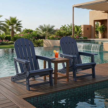 Set of 2 blue HDPE Adirondack chairs with cup holders and wooden texture for outdoor patio seating.