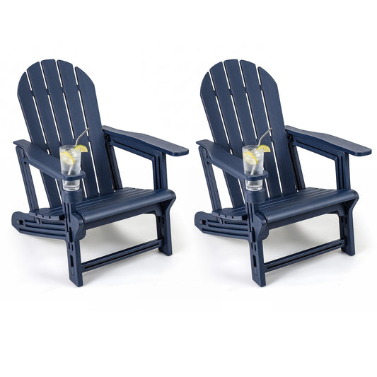 Set of 2 blue HDPE Adirondack chairs with cup holders and wooden texture for outdoor patio seating.
