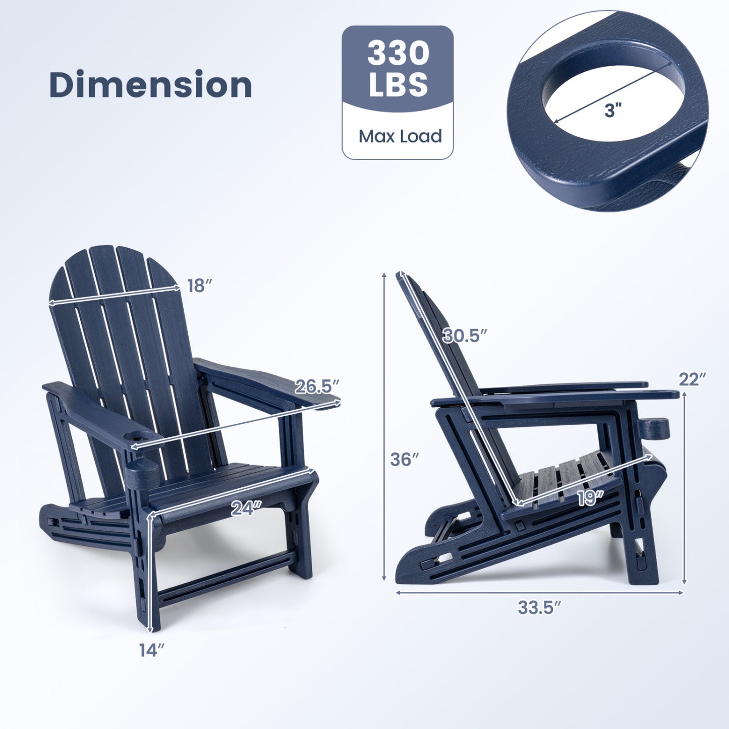 Set of 2 HDPE blue Adirondack chairs with wooden texture and cup holders, outdoor patio seating by Wilsons Home Store