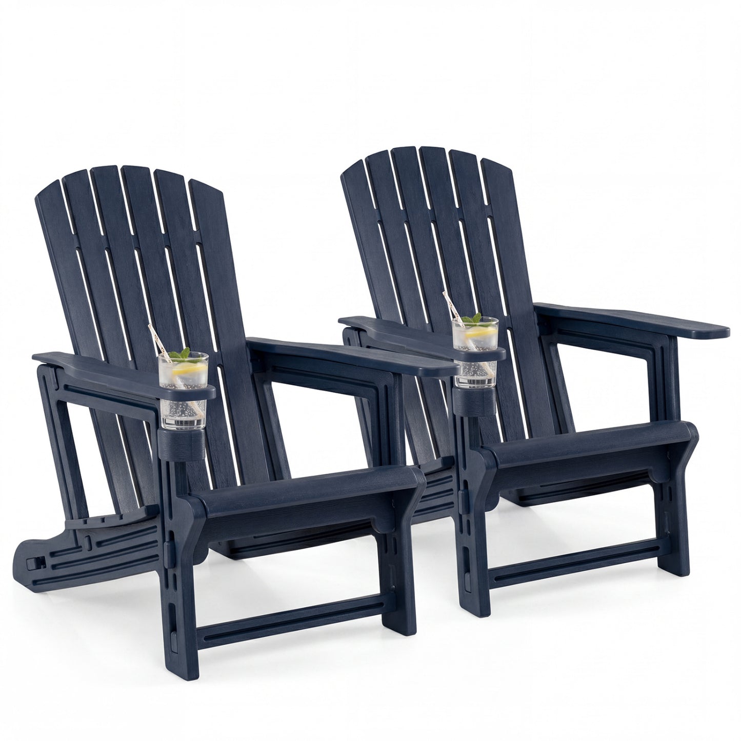 Set of 2 black HDPE Adirondack chairs with wood-like texture and cup holders, ideal for outdoor patio seating.